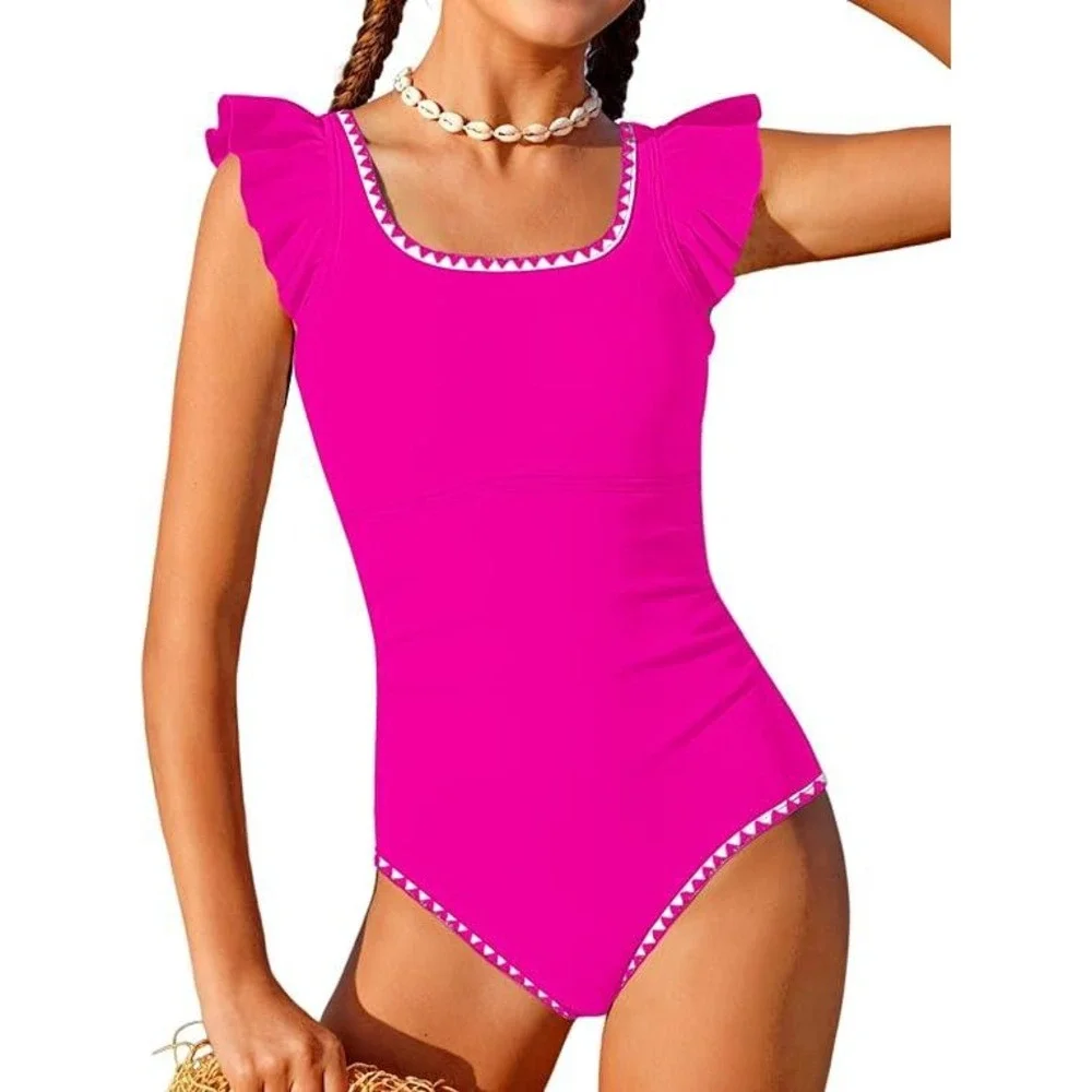 Girls Pink Ruffle One Piece Swimsuit Ric Rac Trim Size 11-12Y